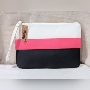 NWT Badiya patchwork wristlet clutch faux leather 12x8 pink white black travel